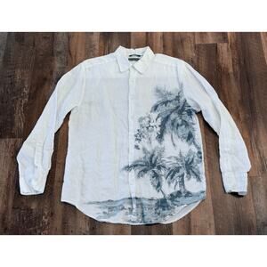 Cubavera Men’s 100% Linen Palm Tree Button-Up Shirt White Blue Size M